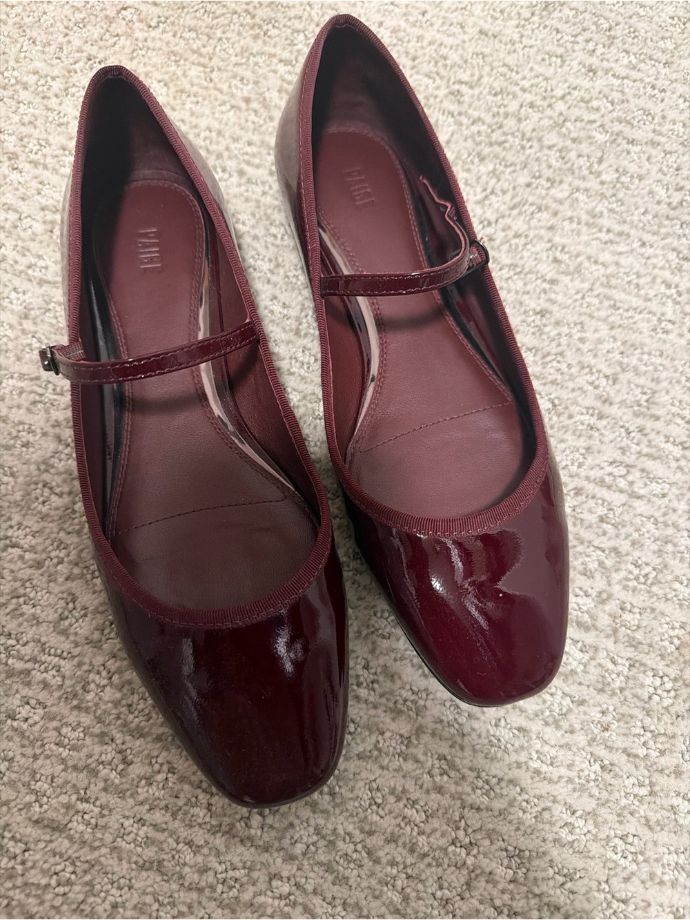 PAIGE Oxblood Burgundy Patent Leather Mary Jane Pumps Slim Strap Low Heel Sz 8